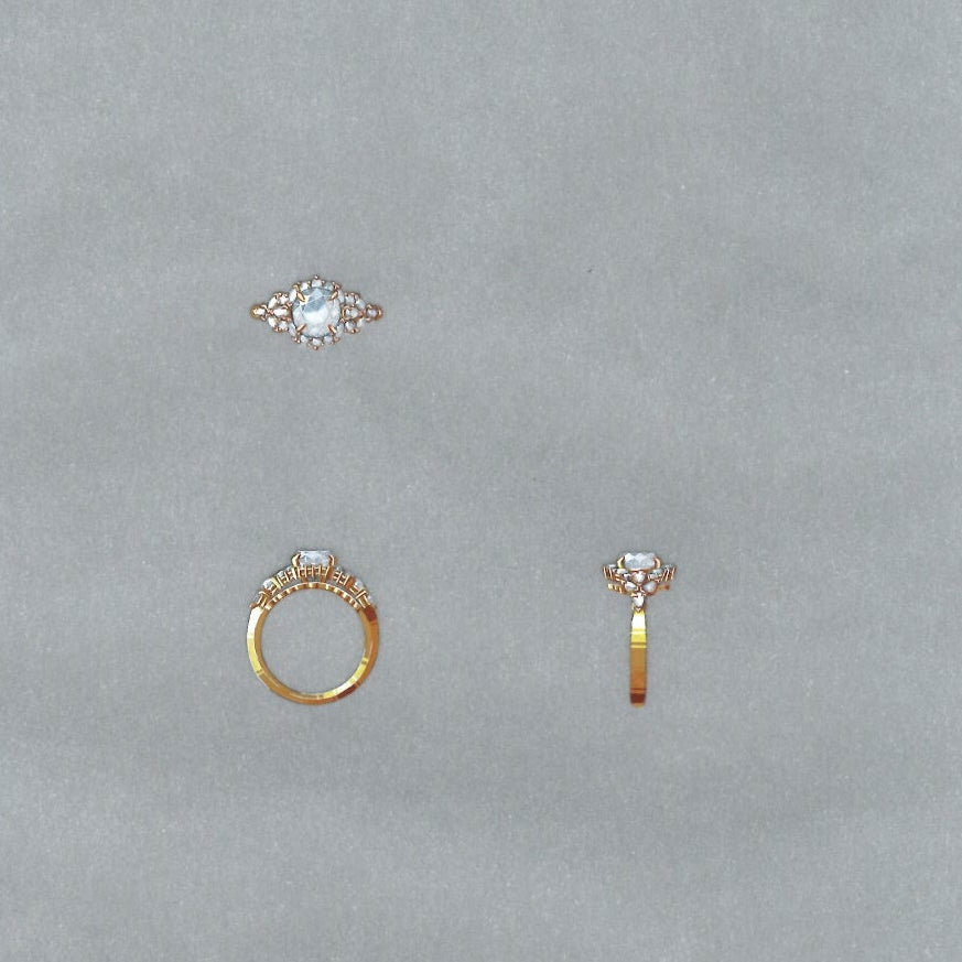 dessin gouaché bague de fiançailles diamant entourage or jaune création sur mesure paris