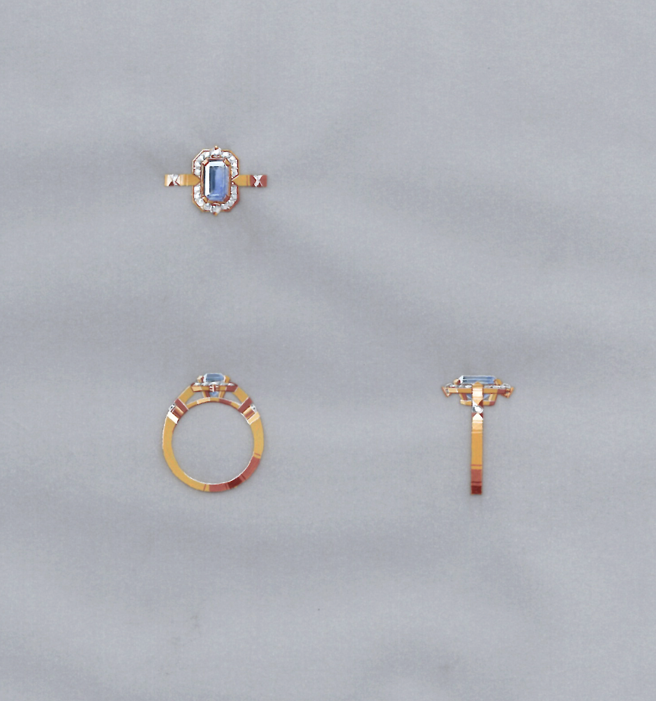 Dessin gouaché d'une bague de fiançailles sur mesure avec saphir bleu et or rose